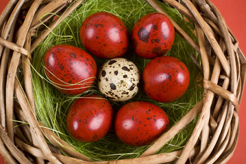 Easter eggs in wicker basket on red background