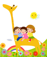 kids and giraffe