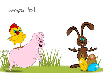 Ostergruss mit Hase, Schwein und Küken