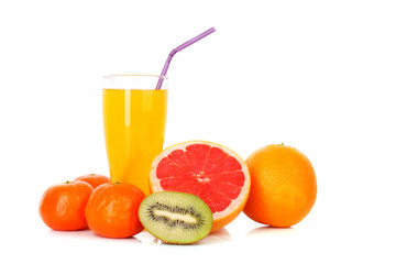 Orange juice and  citrus fruits  isolated on white