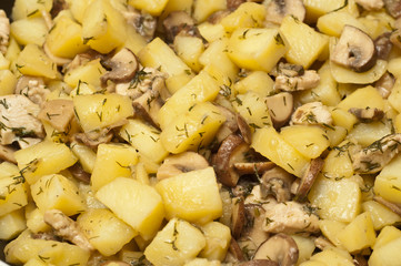 Closeup of mushrooms and potatoes frying in a pan