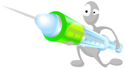 Grey man holds syringe filled with green medication.