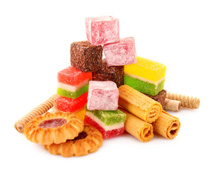 colorful candies jelly on yellow background