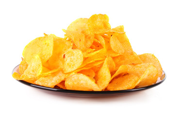 potato crisps on the plate isolated on white
