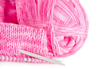 Handmade needle knitted pink canvas and yarn ball