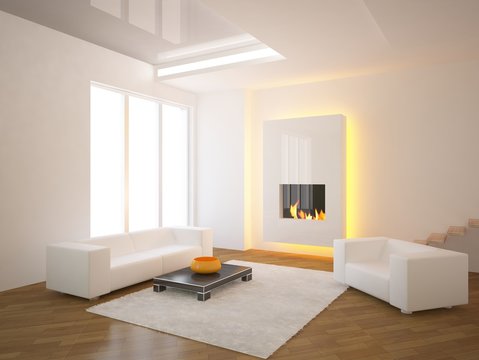 white interior with fire