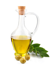 Jug of olive oil, beans and branch of bay leaf isolated