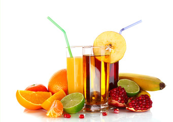 Fruits and glasses with juice isolated on white