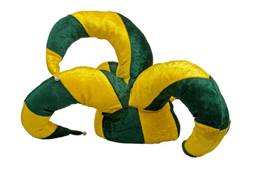 Yellow and green joker hat isolated on white background.