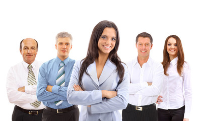 Leader and her team, Young attractive business people