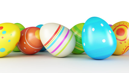 Easter eggs and chickens on white background