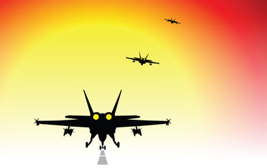 Fototapeta na wymiar military fighter jets taking-off and flying into a sunset