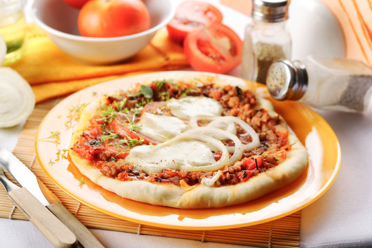 pizza with onion meat and cheese