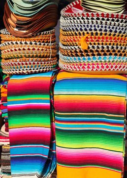 Mexican serape colorful stacked and charro hats