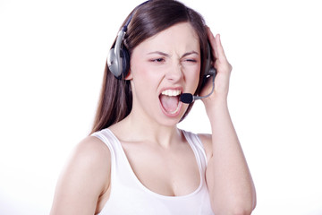 Naklejka premium Hübsche Frau Gesicht mit Headset schreiend Porträt