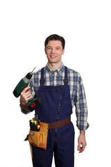 Carpenter standing on white background with electric drill