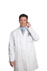 Doctor standing on white background with telephone