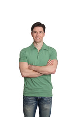 Fototapeta premium Adult man with green shirt standing on white background