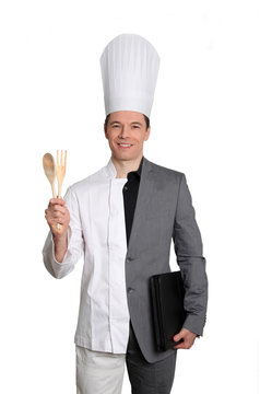 Businessman and chef on white background