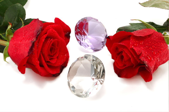 Two Red Roses And Jewelry Stones