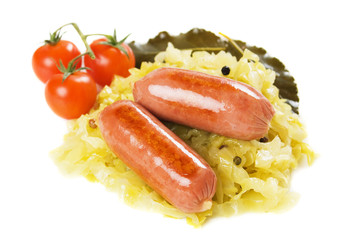 Sausage and sauerkraut isolated on white