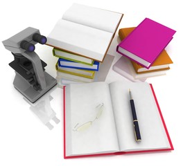 books with a microscope and glasses on white background
