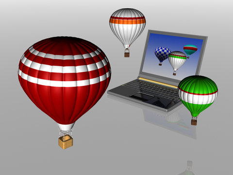 Hot air balloons take off from the screen of laptop.