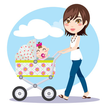 Cute Young Woman Pushing Baby Carriage