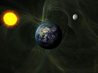Sun system with Earth and Moon with distant galaxy