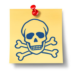 Skull and bones on yellow sticky office note