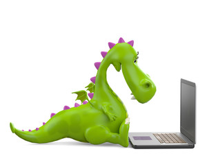 Fototapeta na wymiar dino baby green glossy dragon in laptop