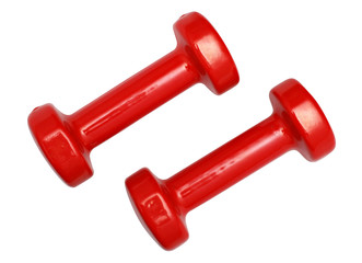 Two red dumbbells isolated over white background