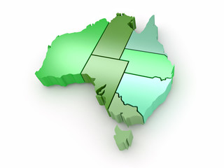 Three-dimensional map of Australia on white isolated background.