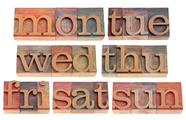 days of week in letterpress type
