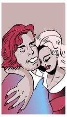Love, hug, kissing couple or drunk comic illustration