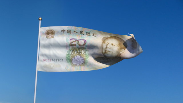 Banner with China yuan banknote on blue sky with matte
