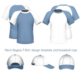 Vector men's raglan t-shirt design template & baseball cap.