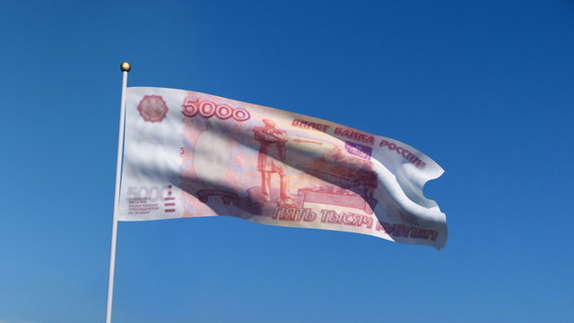 Banner with Russia ruble banknote on blue sky with matte