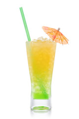Kiwi Pina colada cocktail with umbrella isolated on white