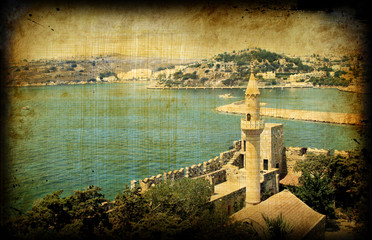 Retro card with turkish architecture, Bodrum city
