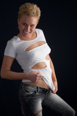 girl in a fragmentary T-shirt