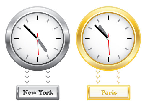 Silver and golden clocks showing time in New York and Paris