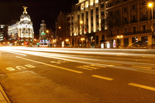 Gran via street in Madrid, Spain at night