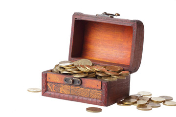 wooden chest filled with gold coins