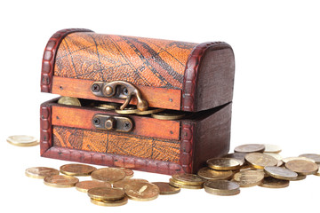 wooden chest filled with gold coins