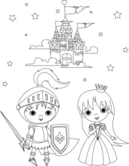 Fotobehang Medieval knight and princess coloring page © Anna Velichkovsky