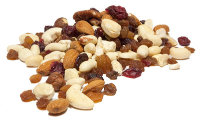 Close up of mixed nuts with raisins