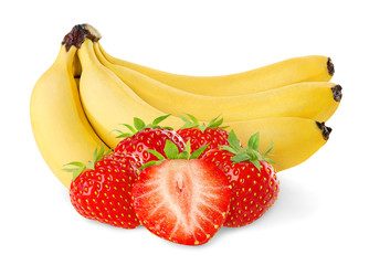 Isolated fruits. Bunch of bananas and pile of strawberries isolated on white background © ChaoticDesignStudio