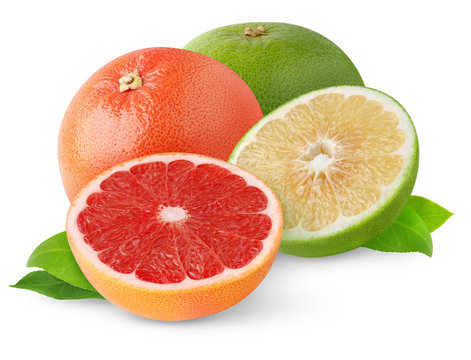 Isolated grapefruits. Cut grapefruits of different color isolated on white background
