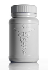 White plastic medical bottle with caduceus symbol.